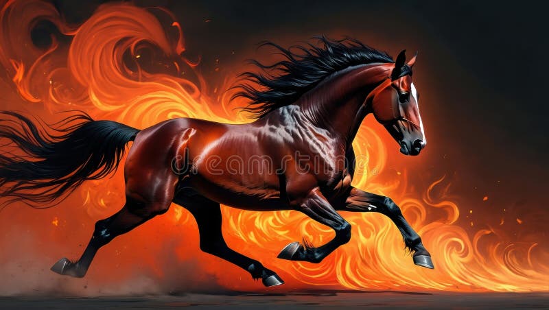 Un cavallo muscolare di castagno con una manica nera e una coda attraversa il fuoco. Il marchio bianco sulla museruola aggiunge. Il bianco sulla museruola aggiunge carattere e contrasto allo sfondo vibrante di fiamme chiare.