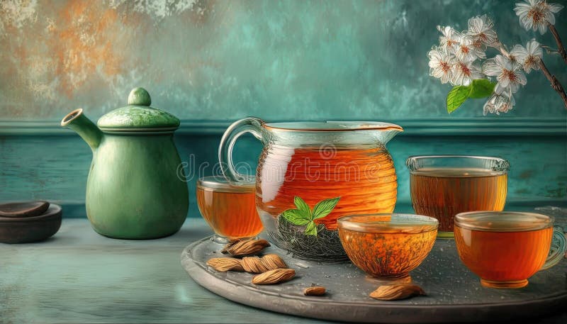Un ceai liniștit, cu cești de ceai colorat în amberb, un ceainic verde și migdale pe o tavă rotundă, pe un teal rustic stock photography