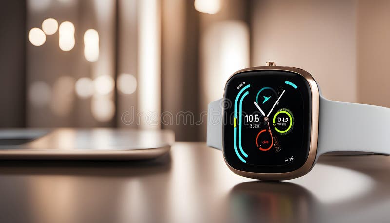 Un ceas inteligent modern și elegant, care stă pe un stație de încărcare wireless, cu ecranul său afișând date dinamice. vector illustration