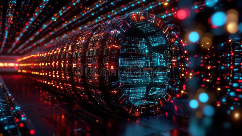Un centro dati avanzato dotato di server high-tech e brillanti interfacce neon che rappresentano l'avanguardia della tecnologia. illustrazione vettoriale
