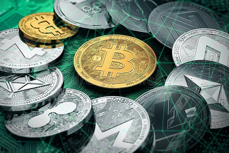 Un cerc cu un bitcoin auriu în interiorul unui mare teanc de criptomonede royalty free illustration