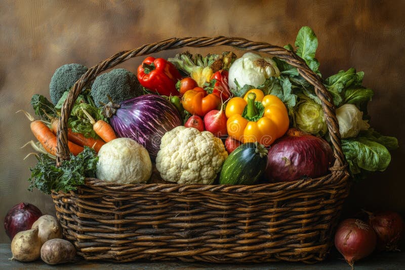 Un cestello di tessuto si sovrappone con un assortimento colorato di verdure organiche fresche che presentano peperoni broccoli e immagine stock libera da diritti