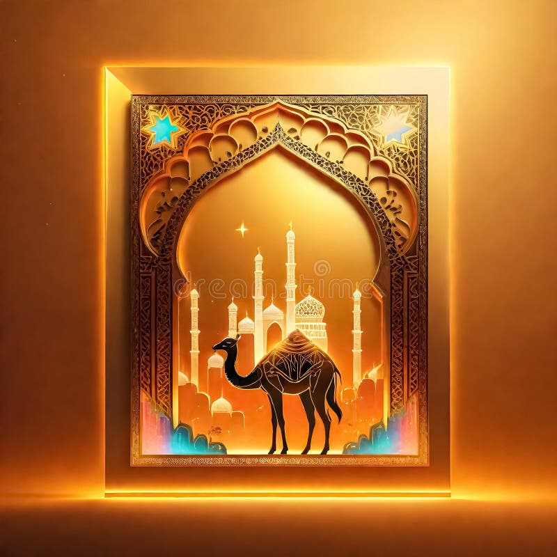 AI generated of a camel is standing in a room with islamic ornaments. AI generated of a camel is standing in a room with islamic ornaments