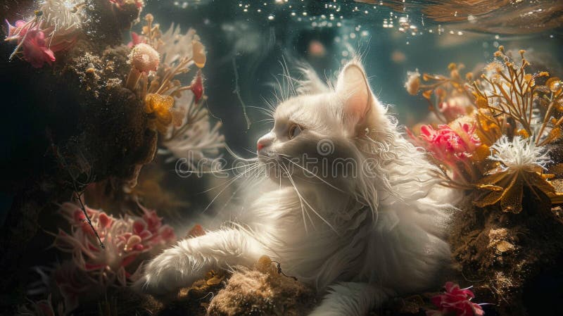 A white cat is sitting on top of a coral reef AI generated. A white cat is sitting on top of a coral reef AI generated