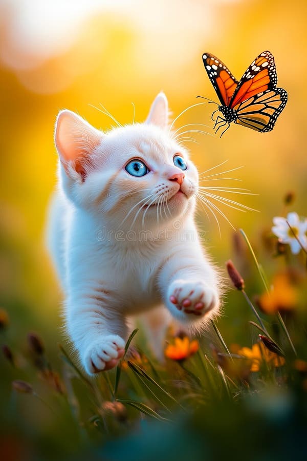 Un chaton blanc aux yeux bleus et un papillon qui survole illustration libre de droits