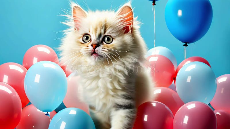 Un chaton blanc est assis sur un tas de ballons roses et bleus illustration de vecteur
