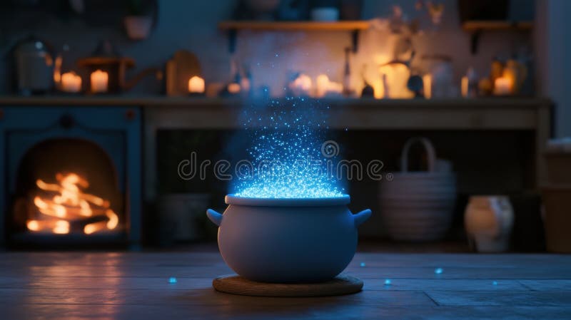 Un chaudron bleu avec un liquide bleu bouillonnant se trouve sur une table en bois entourée d'une lumière chaude provenant d'une c. L'image représente une scène cosy avec un pot bleu assis sur une table en bois au centre. Le pot est rempli d'une substance bleue brillante et un flux de lumière en émane créant un effet magique. La table est entourée d'une variété d'objets dont une cheminée avec feu brûlé un vase et plusieurs bougies. Le décor est composé d'une cuisine avec une tablette en bois et quelques objets qui ajoutent à l'atmosphère chaleureuse et accueillante de la pièce. IA générée