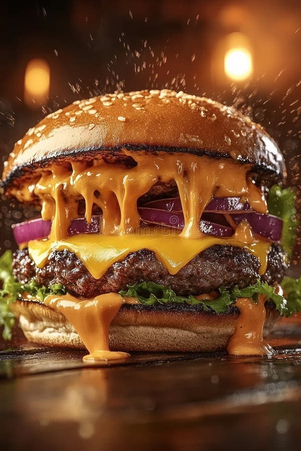 Un cheeseburger avec du fromage fondu de goey de la laitue fraîche des oignons rouges et une pâte de boeuf parfaitement cuite le t photos libres de droits
