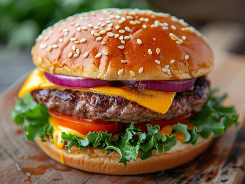 Un cheeseburger clásico con cebolla de tomate con lechuga y un bollo de semilla de sésamo libre illustration