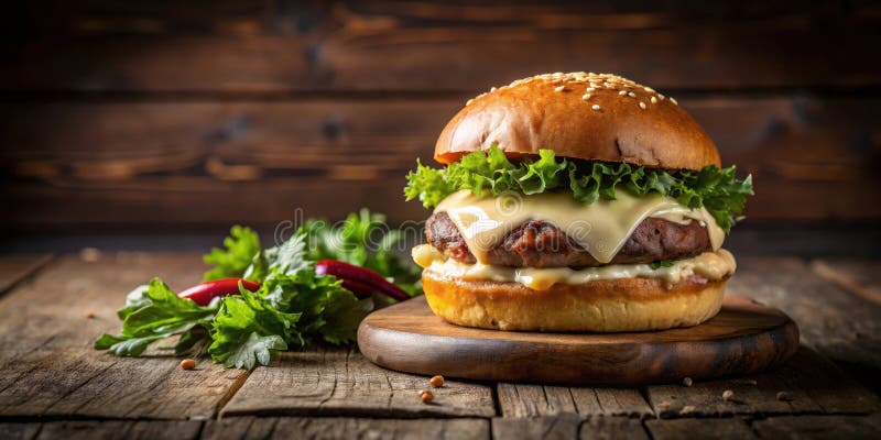 Un cheeseburger delizioso annidato su una tavola di legno rustico è presentato in modo artistico con lattuga fresca e peperoni di royalty illustrazione gratis