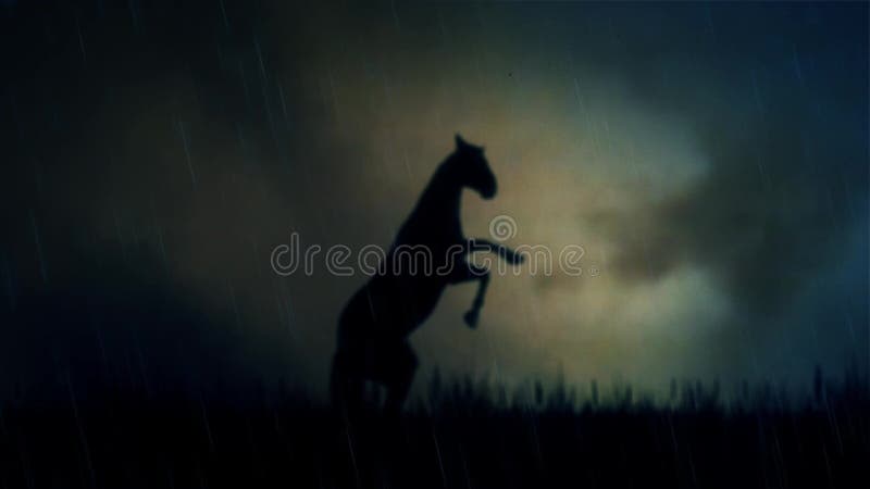 Un cheval épique d'étalon se tenant sur un champ sous une tempête de foudre