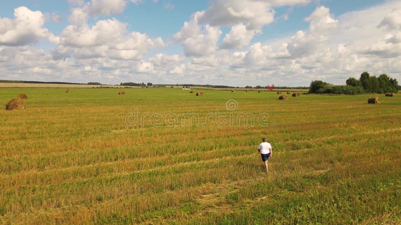 Un chico con una camiseta blanca hace gracioso el lanzamiento de un avión modelo en el campo. almacen de video