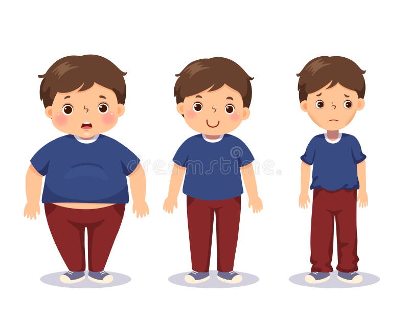 Vector illustration cute cartoon fat boy, average boy, and skinny boy. Boy with different weight. Vector illustration cute cartoon fat boy, average boy, and skinny boy. Boy with different weight