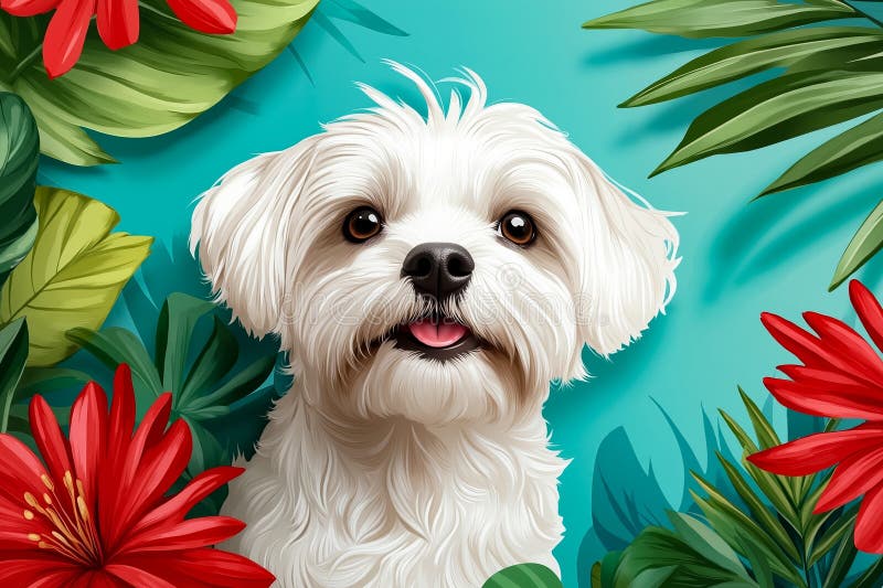 Un chien blanc assis devant un fond bleu avec des fleurs rouges illustration stock