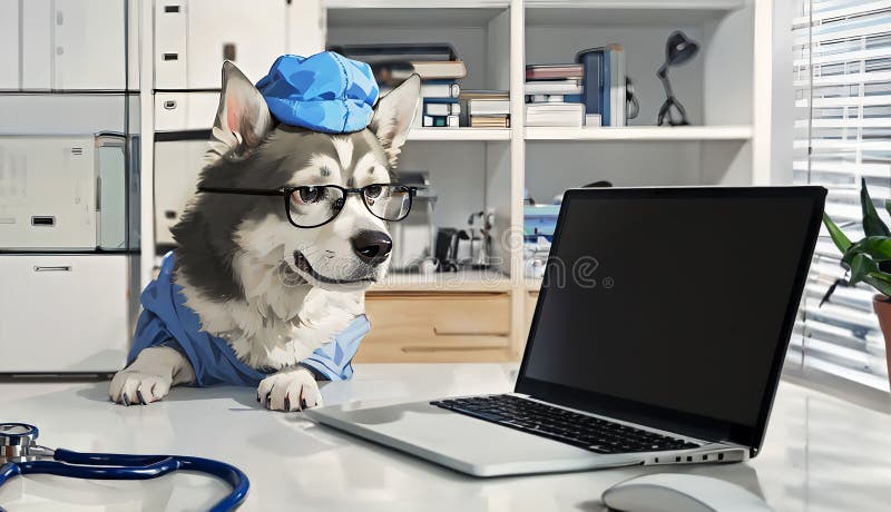 Un chien coquin habillé en médecin assis à une table dans un ordinateur d'un bureau médical. illustration de vecteur