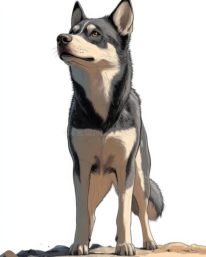 Un chien de l'Alaska debout sur le côté expose ses caractéristiques notables, notamment les yeux bleu vif, la queue moelleuse et u photo stock