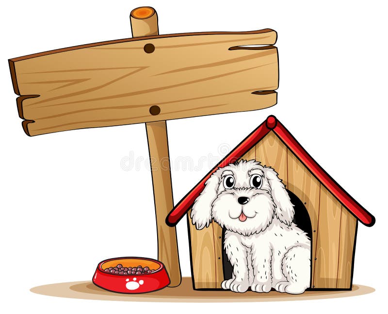 Un chien à l'intérieur de la niche avec une enseigne en bois illustration libre de droits Un chien à l'intérieur de la niche avec une enseigne en bois illustration libre de droits