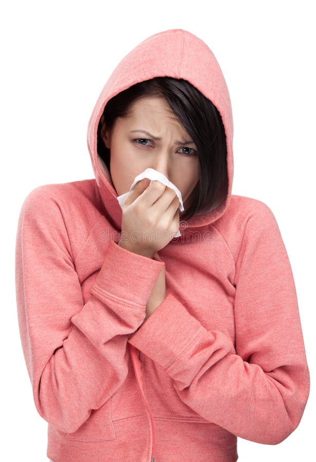 A cold woman holding wipe in her hands, isolated. A cold woman holding wipe in her hands, isolated