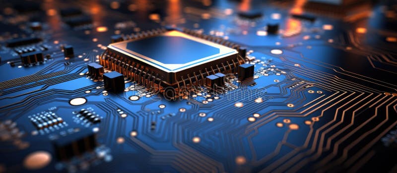 Un chip de computadora azul eléctrico descansa en una motherboard azul. El chip de computadora azul eléctrico descansa en una simetría perfecta en la placa base azure creando un círculo fluido de arte de ingeniería generado por ai