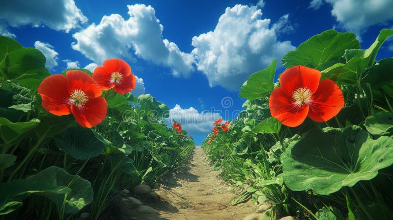 Un cielo azul vibrante domina un sendero sereno sereno serpenteando a través de una vegetación densa en verano fotos de archivo