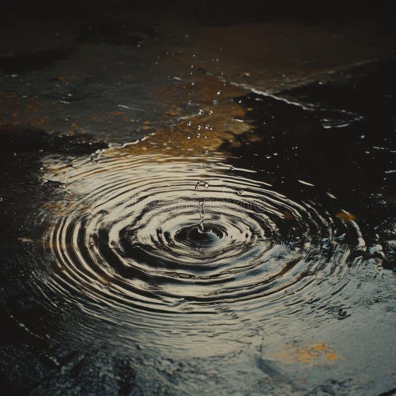 Un cierre de las gotas de lluvia salpicando en un charco sobre una superficie de concreto stock de ilustración