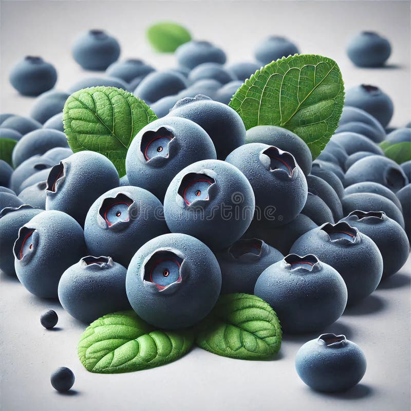 Un cierre de un montón de arándanos azules frescos con hojas verdes que muestran su color azul helado y su estructura tipo coronac libre illustration