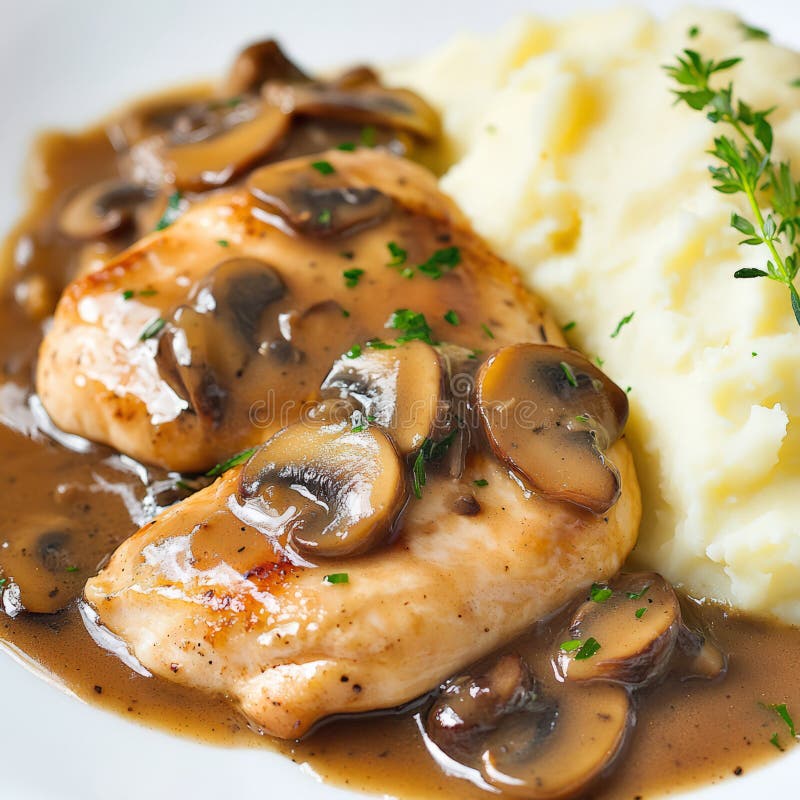 Un cierre meticuloso de un plato de pollo marsala con pollo al horno en una rica sala fotografía de archivo libre de regalías