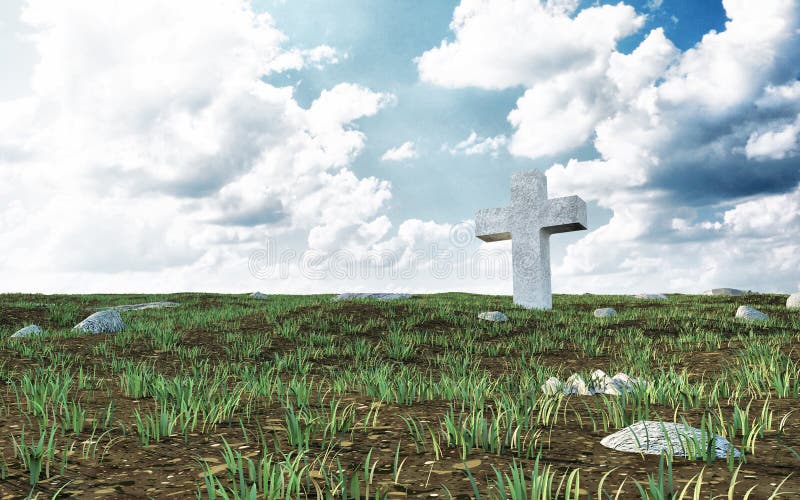 Un cimitir necunoscut singuratic în câmp verde cu nori. vector illustration