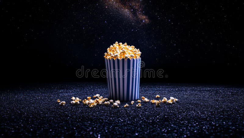 In un cinema uno snack composto da un secchio bianco e blu a strisce di popcorn viene messo su una superficie bianca immagini stock libere da diritti