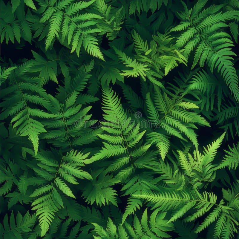 Un closeup vibrant cu unghi înalt care prezintă o colecție densă de frunze de ferigă verde luxuriante. Detaliile complicate ale royalty free illustration