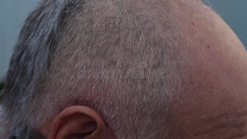 Un closeuse d'une main de l'homme avec une tondeuse à cheveux coupe les cheveux gris sur une tête de l'homme plus ancienne. une co clips vidéos