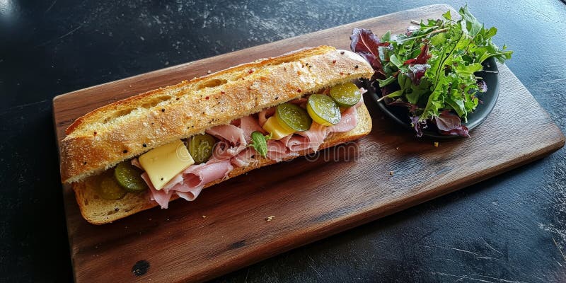Un clásico sándwich de baguette francés con pan crujiente relleno de mantequilla de jamón y cornichos.