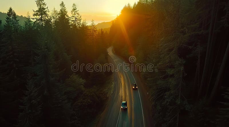 Un coche conduciendo por una carretera en el bosque al atardecer. generado por ai