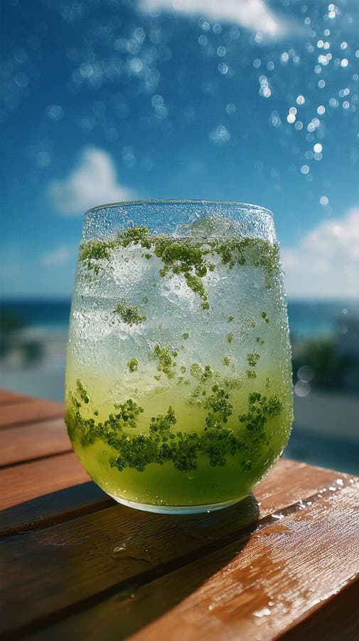 Un cocktail vert rafraîchissant au bord de l'océan illustration stock