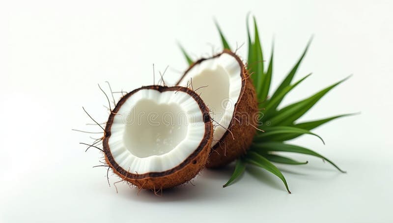 Un coco a la mitad con carne blanca y caparazón marrón sobre una superficie blanca con hojas verdes detrás ilustración del vector
