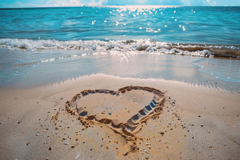 A romantic love heart drawn in the sand on a beautiful beach. AI generated. A romantic love heart drawn in the sand on a beautiful beach. AI generated