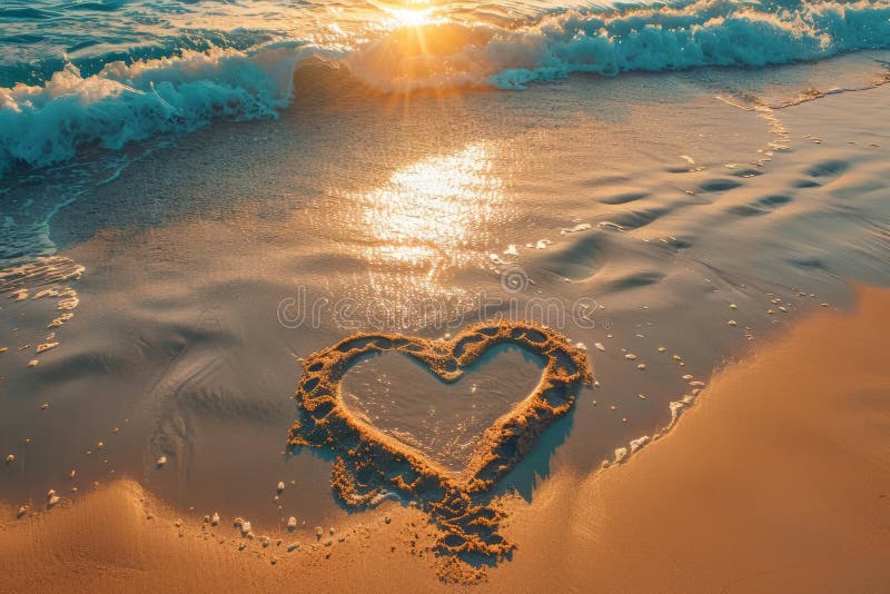 A romantic love heart drawn in the sand on a beautiful beach. AI generated. A romantic love heart drawn in the sand on a beautiful beach. AI generated