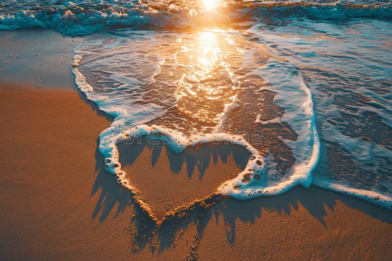 A romantic love heart drawn in the sand on a beautiful beach at sunset. AI generated. A romantic love heart drawn in the sand on a beautiful beach at sunset. AI generated