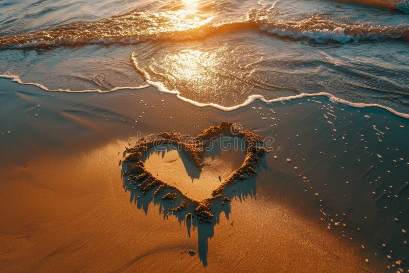 A romantic love heart drawn in the sand on a beautiful beach at sunset. AI generated. A romantic love heart drawn in the sand on a beautiful beach at sunset. AI generated