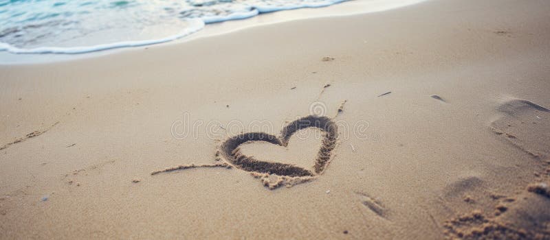 A heart is sketched in the sand on the beach, the waves gently washing over it, creating a fluid yet fleeting art piece in the sandy landscape AI generated. A heart is sketched in the sand on the beach, the waves gently washing over it, creating a fluid yet fleeting art piece in the sandy landscape AI generated