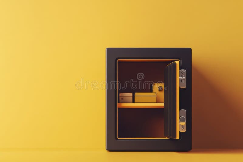 Un coffre-fort à domicile minimal avec une porte ouverte sur un mur jaune vif présentant des objets de valeur soigneusement entrep images stock