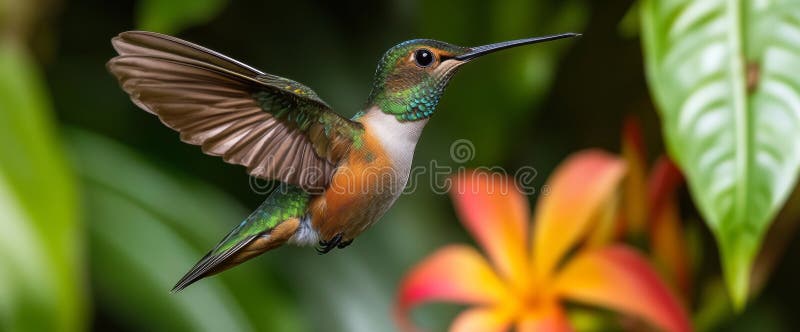 Un colibrì sorge nei pressi di fiori tropicali dai colori vivaci che mostrano le sue piume iridescenti e i suoi pattern di ali det immagini stock