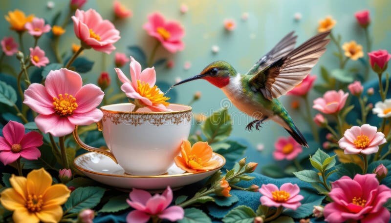 Un colibrì sorseggiante da un fiore da tè in un feltro giardinetto ha generato un'illustrazione digitale in stile arte ad ago illustrazione vettoriale
