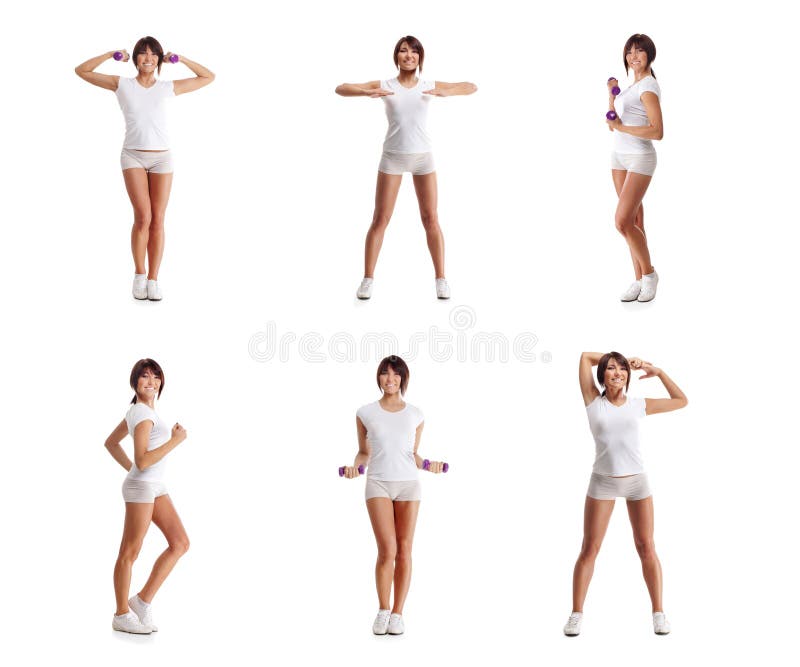 Un collage de las mujeres jovenes que hacen entrenamiento con pesas de gimnasia imagen de archivo Un collage de las mujeres jovenes que hacen entrenamiento con pesas de gimnasia imagen de archivo