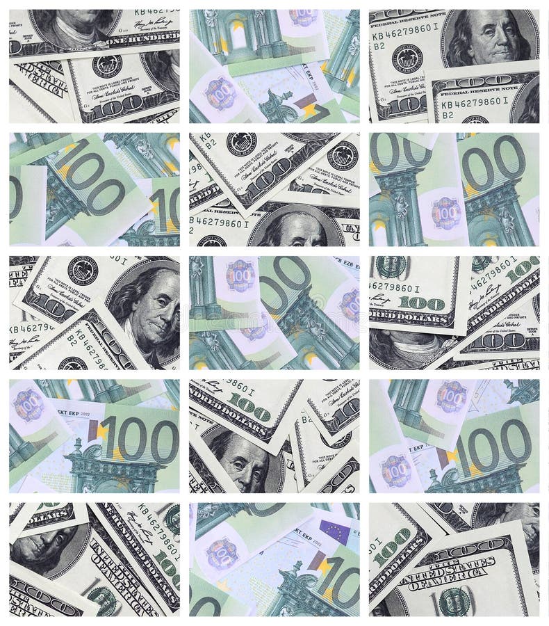 Un collage de muchas imágenes de billetes de banco euro en denominaciones de 1 stock de ilustración Un collage de muchas imágenes de billetes de banco euro en denominaciones de 1 stock de ilustración