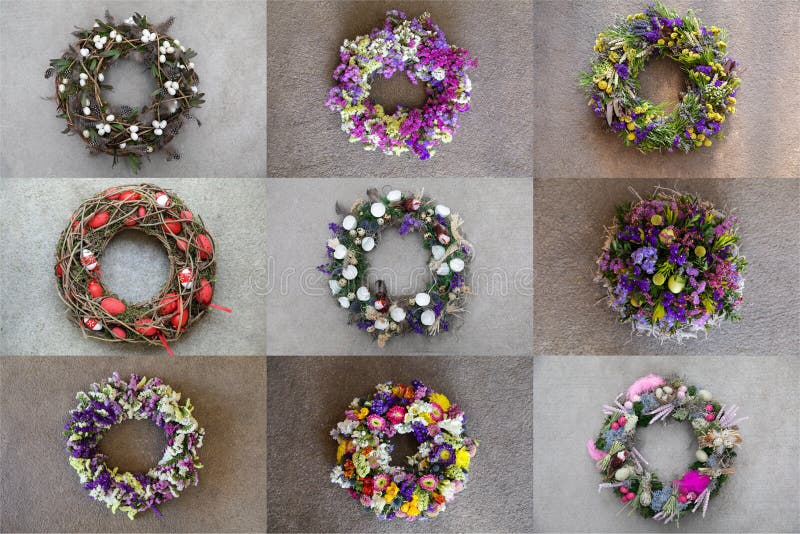 Un collage della foto di 9 corone fatte a mano alla moda differenti per le vostre feste domestiche della molla di Pasqua della de fotografia stock Un collage della foto di 9 corone fatte a mano alla moda differenti per le vostre feste domestiche della molla di Pasqua della de fotografia stock