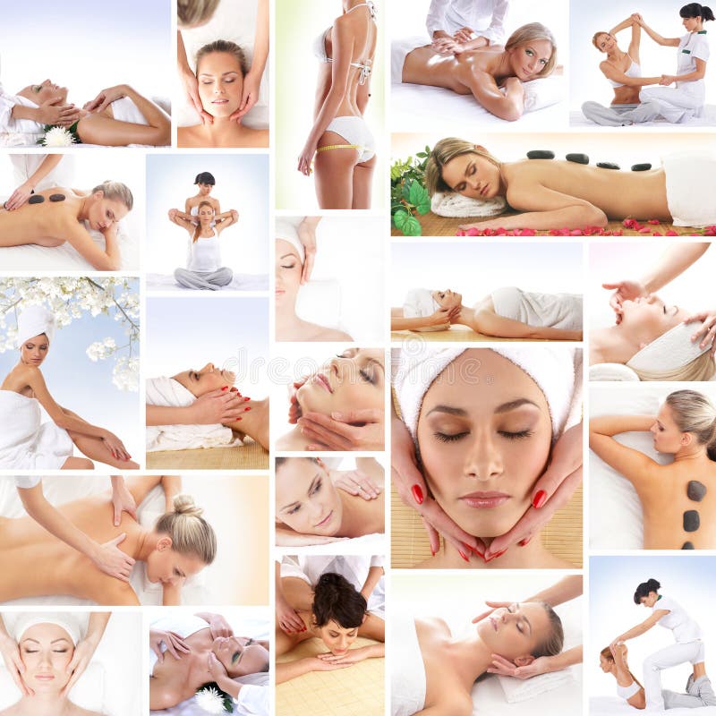 Un collage delle giovani donne sulle procedure della stazione termale immagine stock Un collage delle giovani donne sulle procedure della stazione termale immagine stock