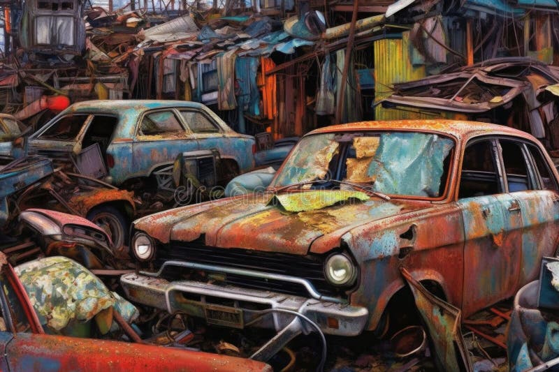 a colorful collage of rusted car hoods in a junkyard, created with generative ai. a colorful collage of rusted car hoods in a junkyard, created with generative ai