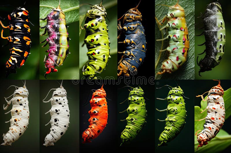 Un collage di diversi predatori del bruco colorato. aie generativa. Molti diversi tipi di dispositivi di presa su una foglia verde con macchie nere e bianche nella foto vengono presi dall'alto verso il basso.