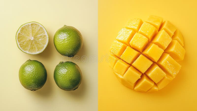 Un collage di frutta tropicale con limoni limoni e mango perfetti per la fotografia alimentare su siti web di ricette fotografia stock libera da diritti